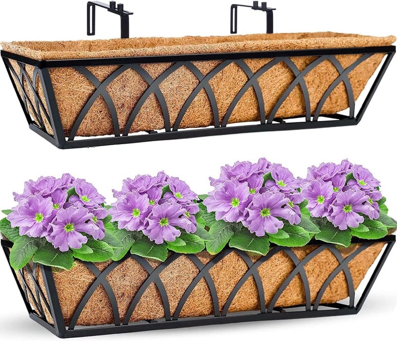 YM Window Boxes Horse Trough with Coconut Coir Liner, 24 Inch Window Deck with Coco Liner, Fence Metal Hanging Flower Planter Window Basket Deck Railing Planter Boxes (X - 24in 2P) - Image 1